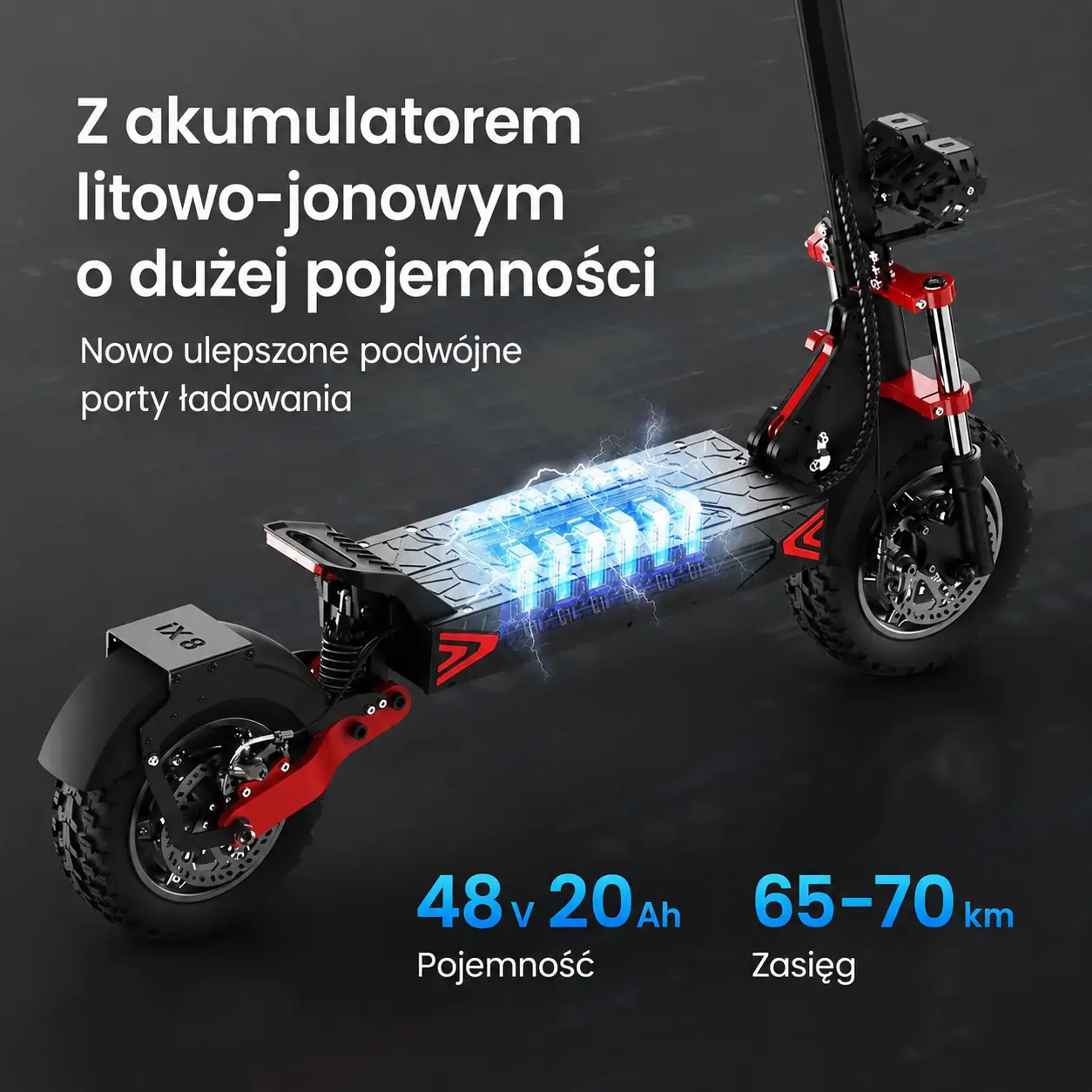 Akumulator 48 V 20 Ah i deklarowany zasięg iScooter IX8