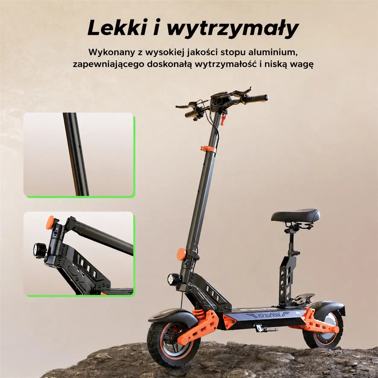 Lekka i wytrzymała aluminiowa konstrukcja iSinwheel D2 Plus Orange