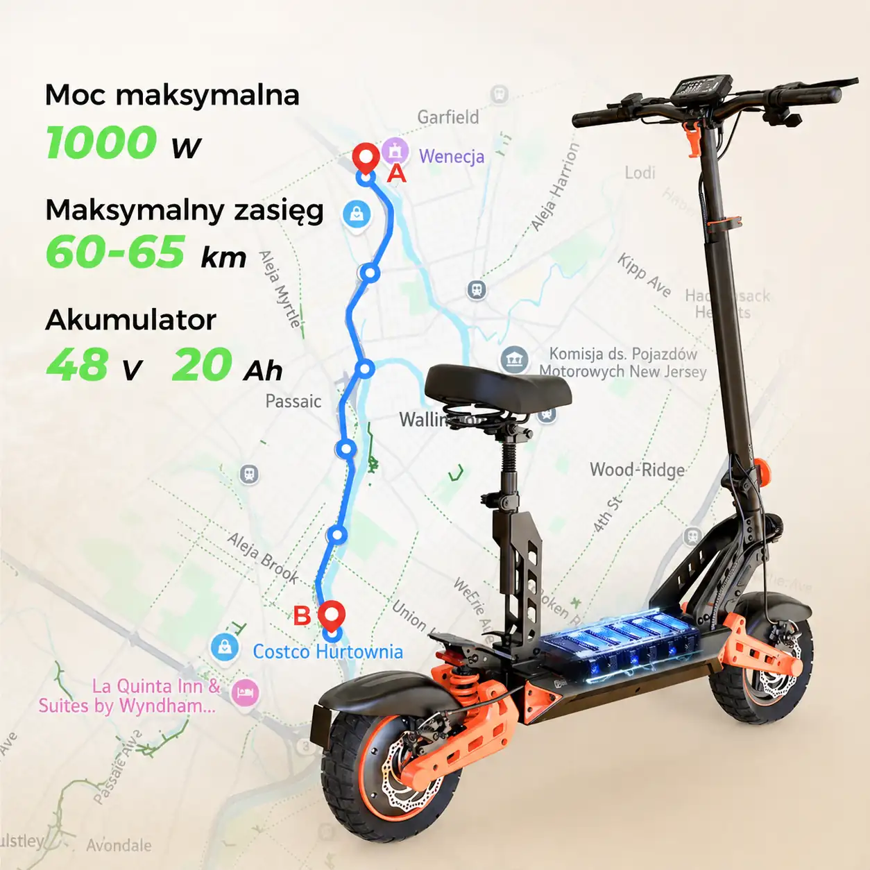 iSinwheel D2 Plus Orange - zasięg do 60-65 km, silnik 1000 W i akumulator 48 V 20 Ah