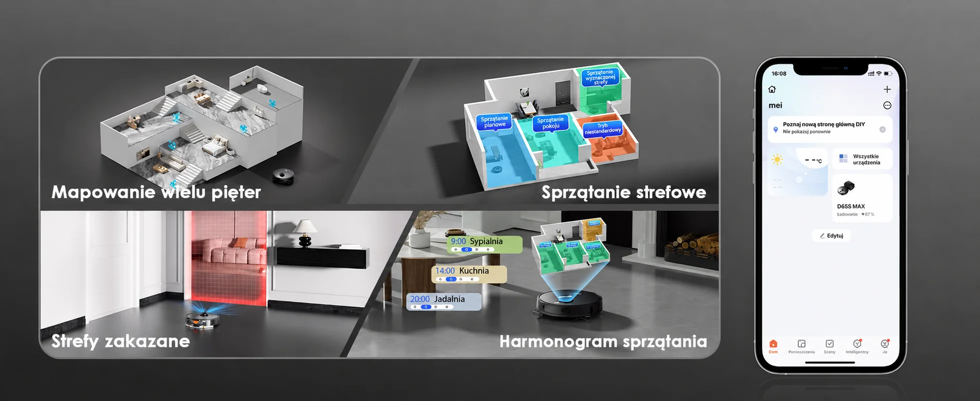 Mapy pięter, strefy sprzątania i harmonogram w aplikacji Teendow D65S Max