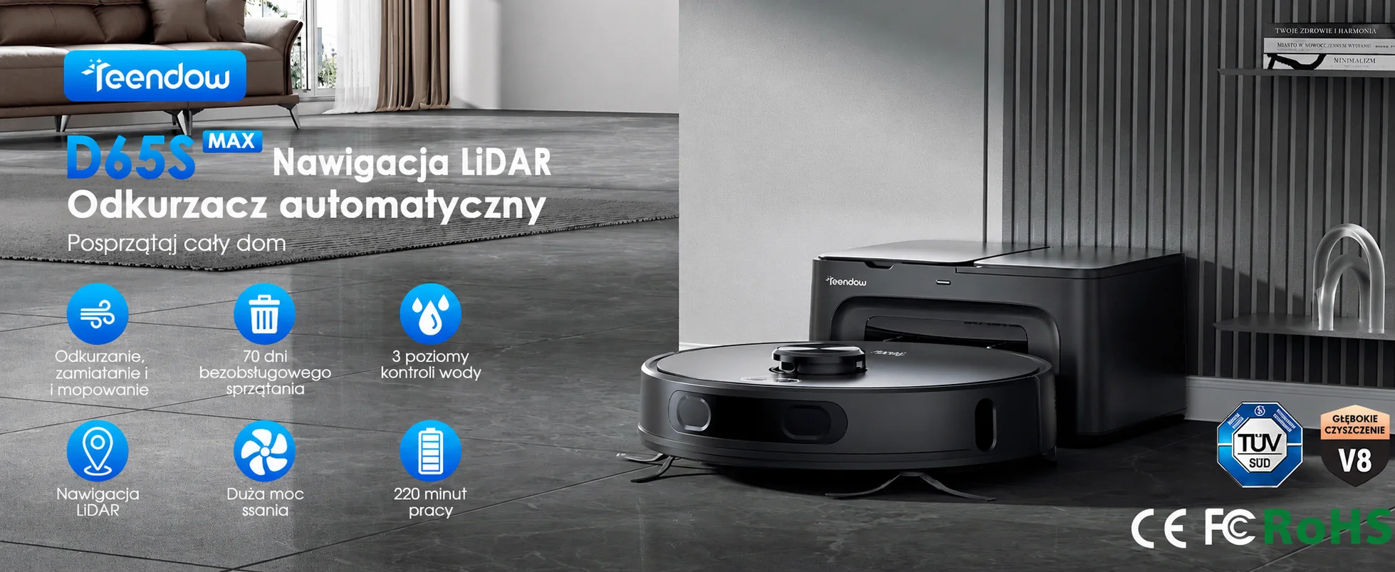 Teendow D65S Max z nawigacją LiDAR, mocą 6000 Pa i stacją automatycznie opróżniającą