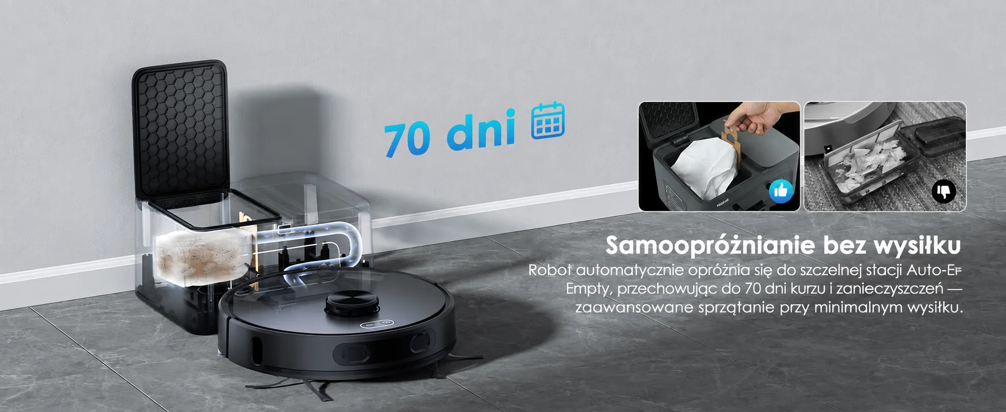 Automatyczne opróżnianie pojemnika Teendow D65S Max nawet przez 70 dni