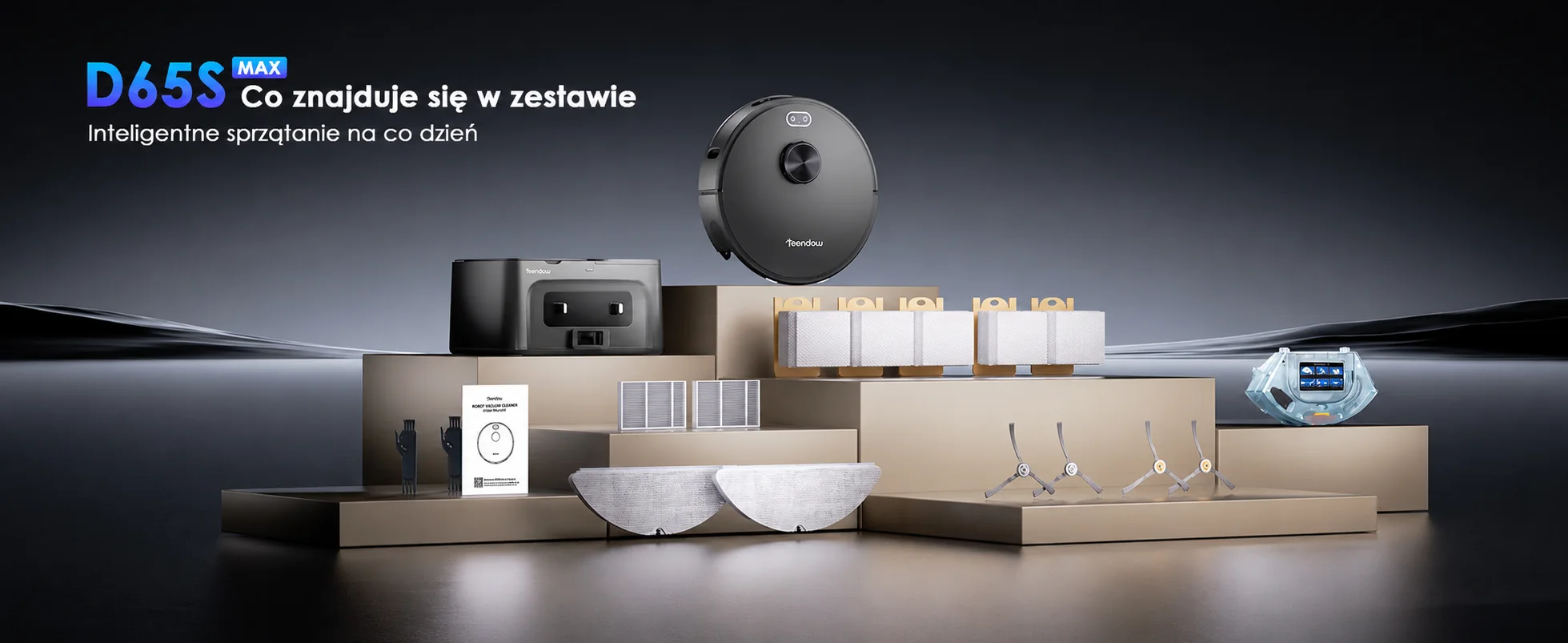 Robot Teendow D65S Max, stacja opróżniająca i akcesoria znajdujące się w zestawie