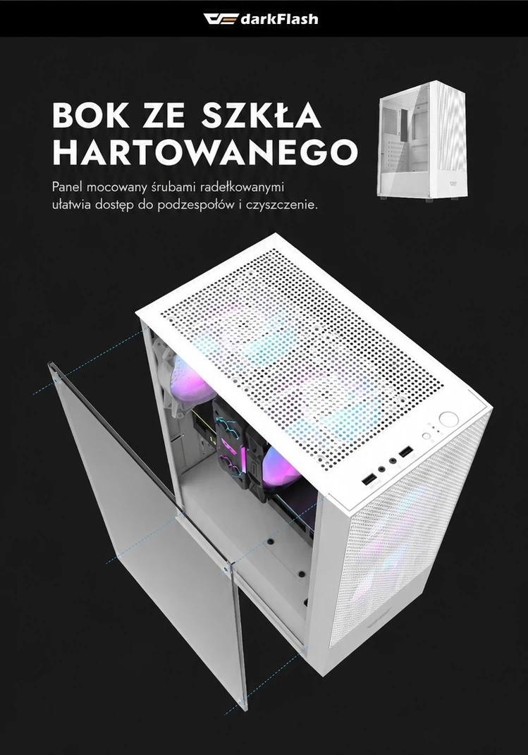DarkFlash A290 Biały – szklany panel i siatkowy front