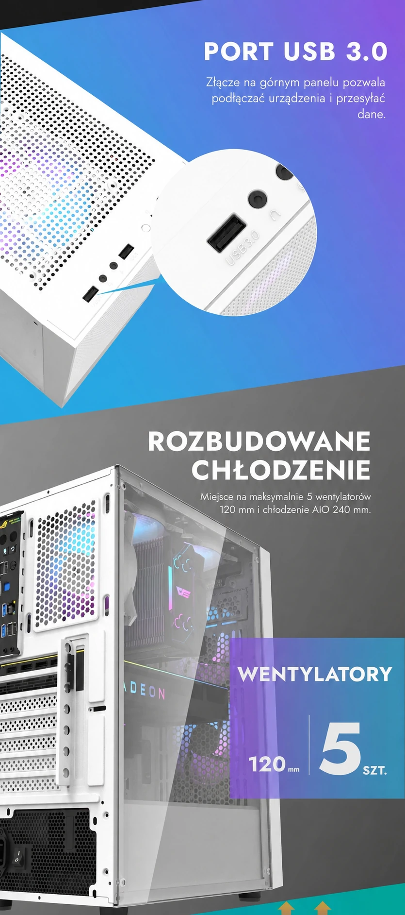DarkFlash A290 Biały – złącza i chłodzenie