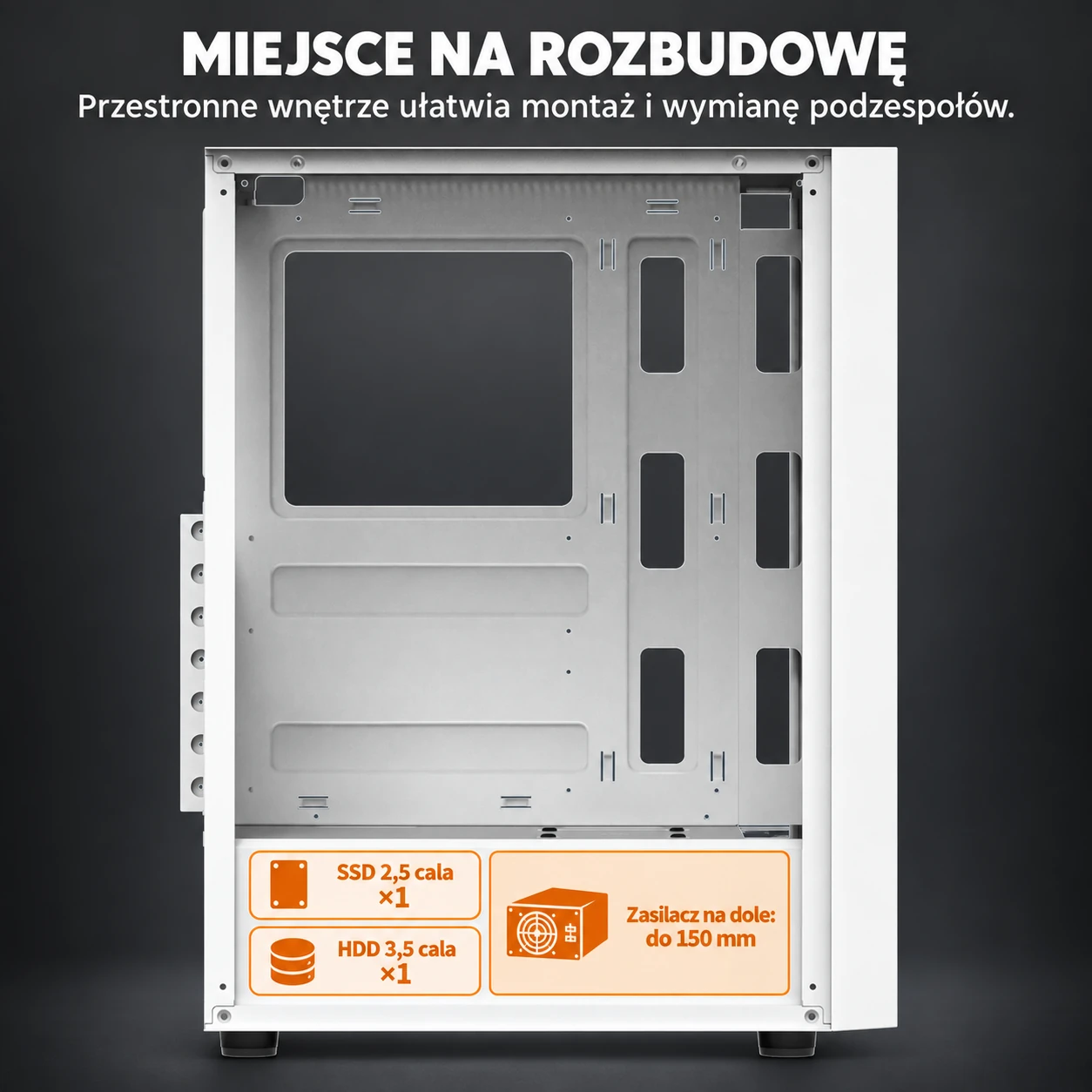 DarkFlash A290 Biały – miejsce na dyski i zasilacz