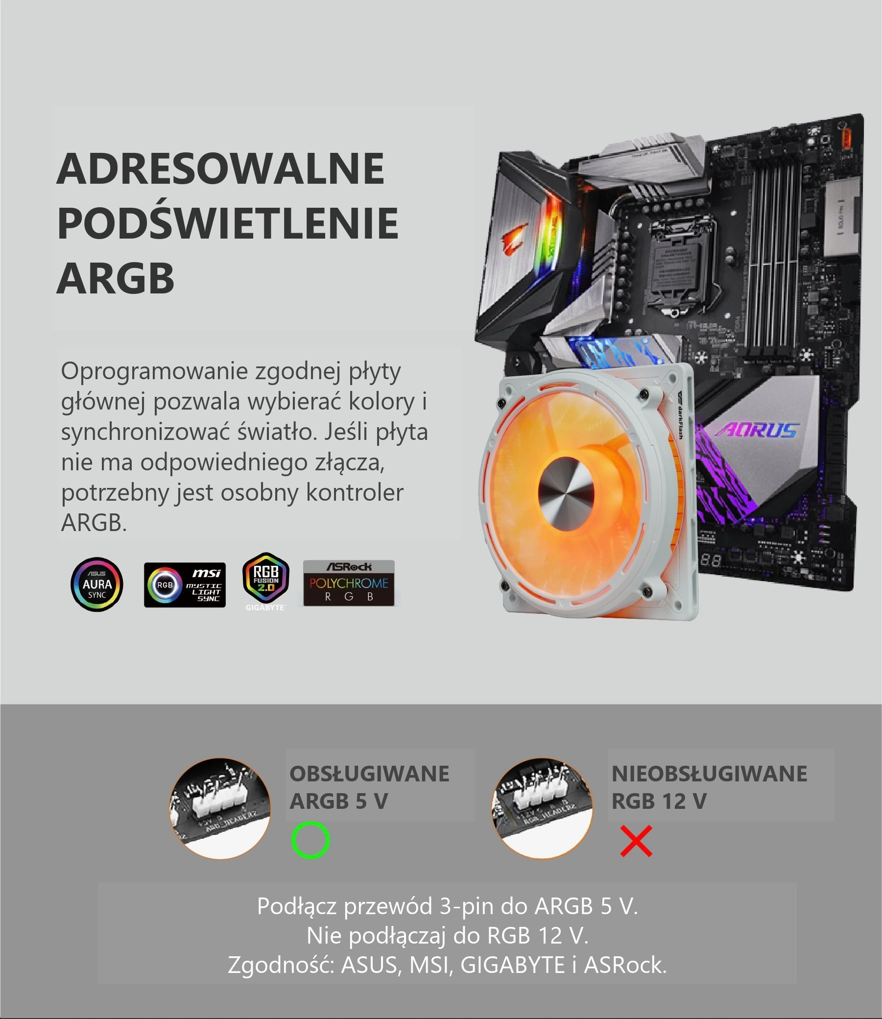DarkFlash DE8 Biały – podłączaj argb wyłącznie do 5 v