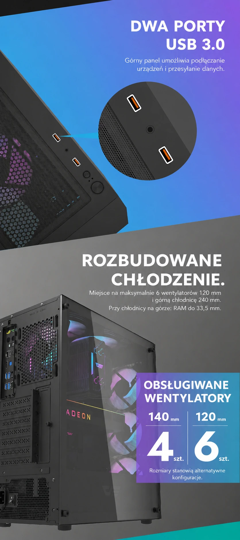 DarkFlash DK352 Mesh Czarny – porty usb i chłodzenie