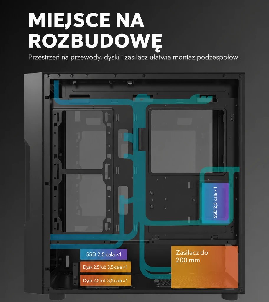 DarkFlash DK431 Glass Czarny – przewody, dyski i zasilacz