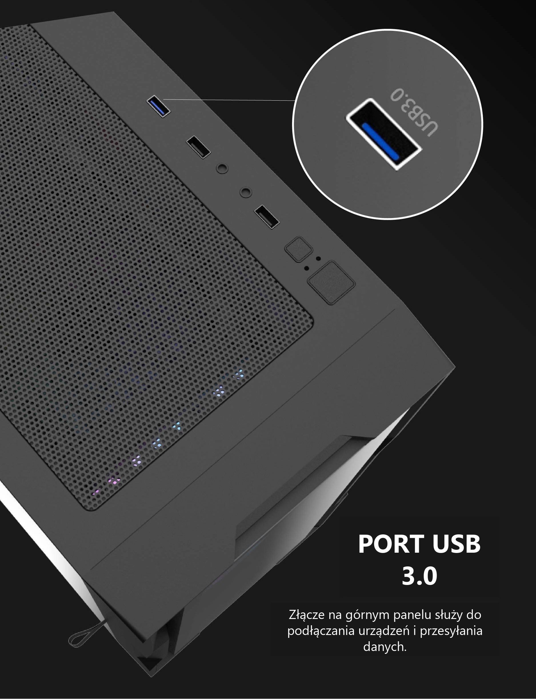 DarkFlash DK431 Glass Czarny – port usb 3.0 i panel sterowania