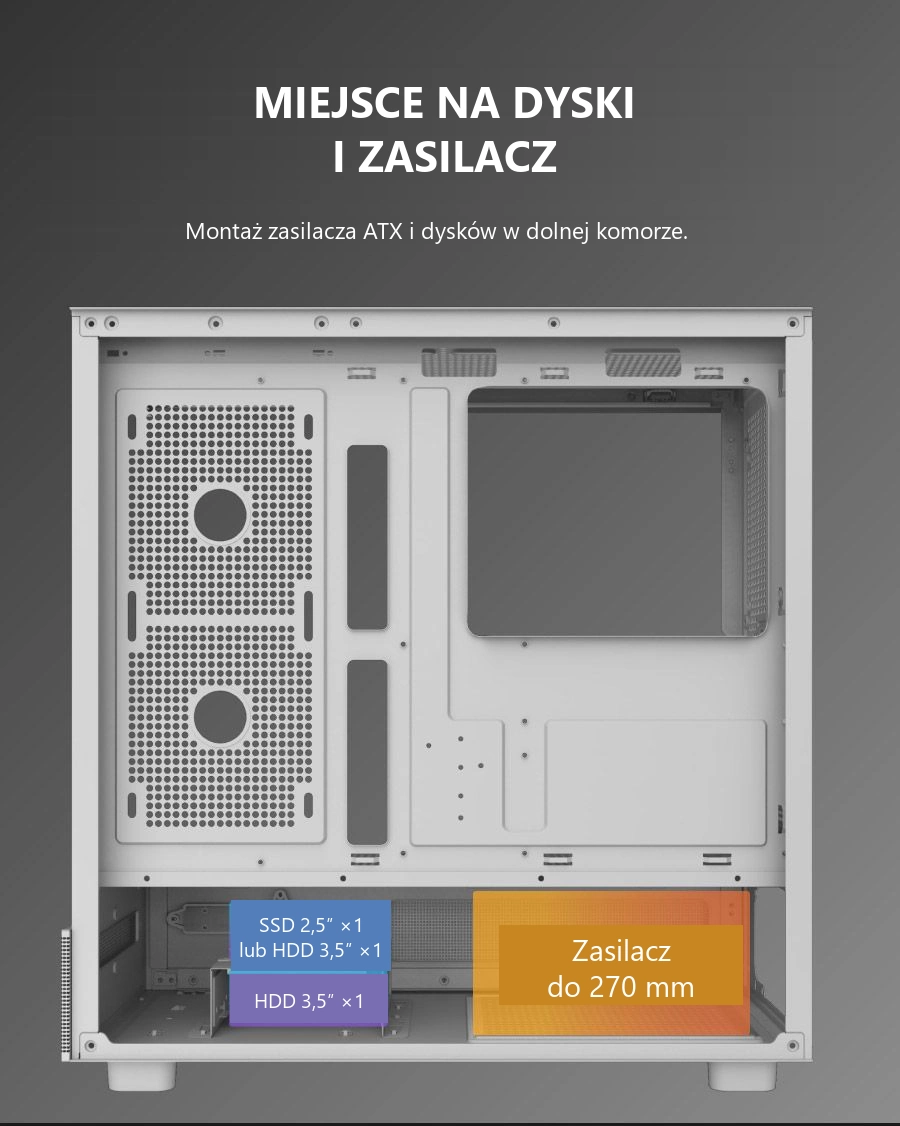 DarkFlash DPX90 Biały – dyski i zasilacz