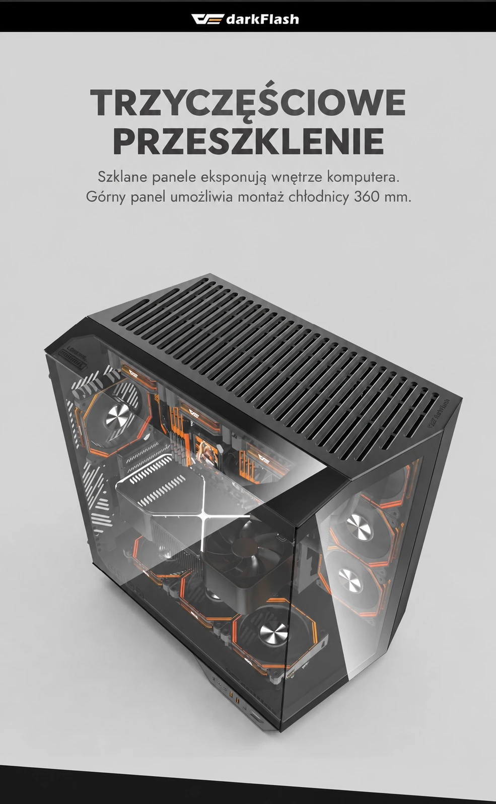 DarkFlash DY470 Czarny – trzyczęściowe przeszklenie