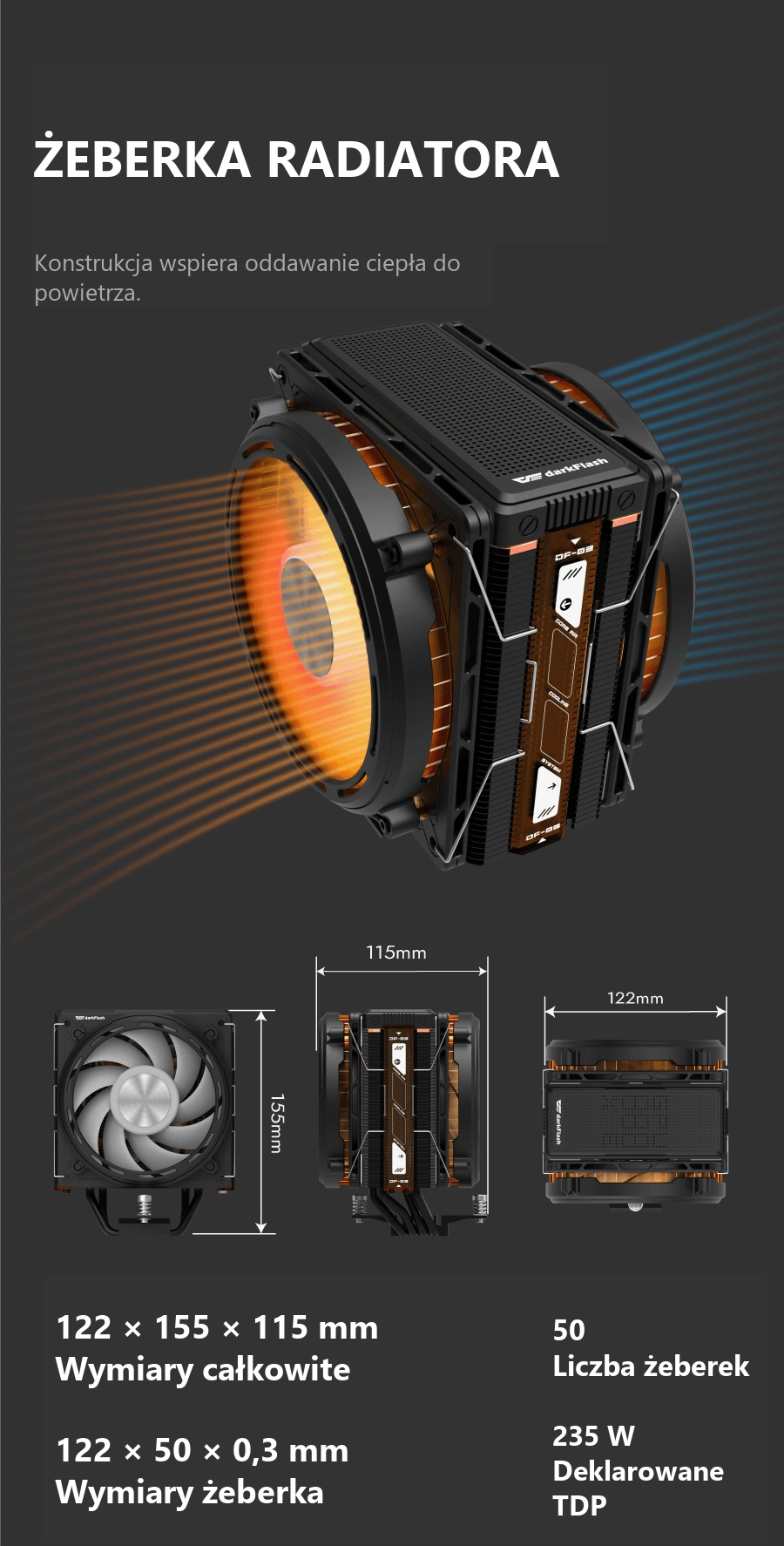 DarkFlash EXPLORE E400 Plus Czarny – radiator i wymiary