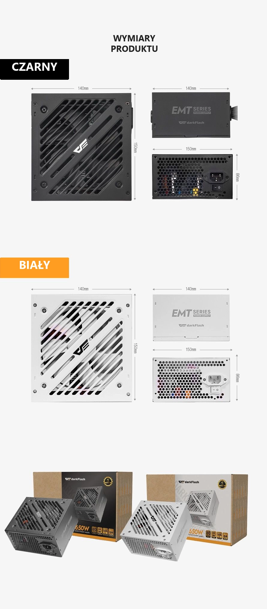 DarkFlash EMT650 Czarny – wymiary i opakowanie