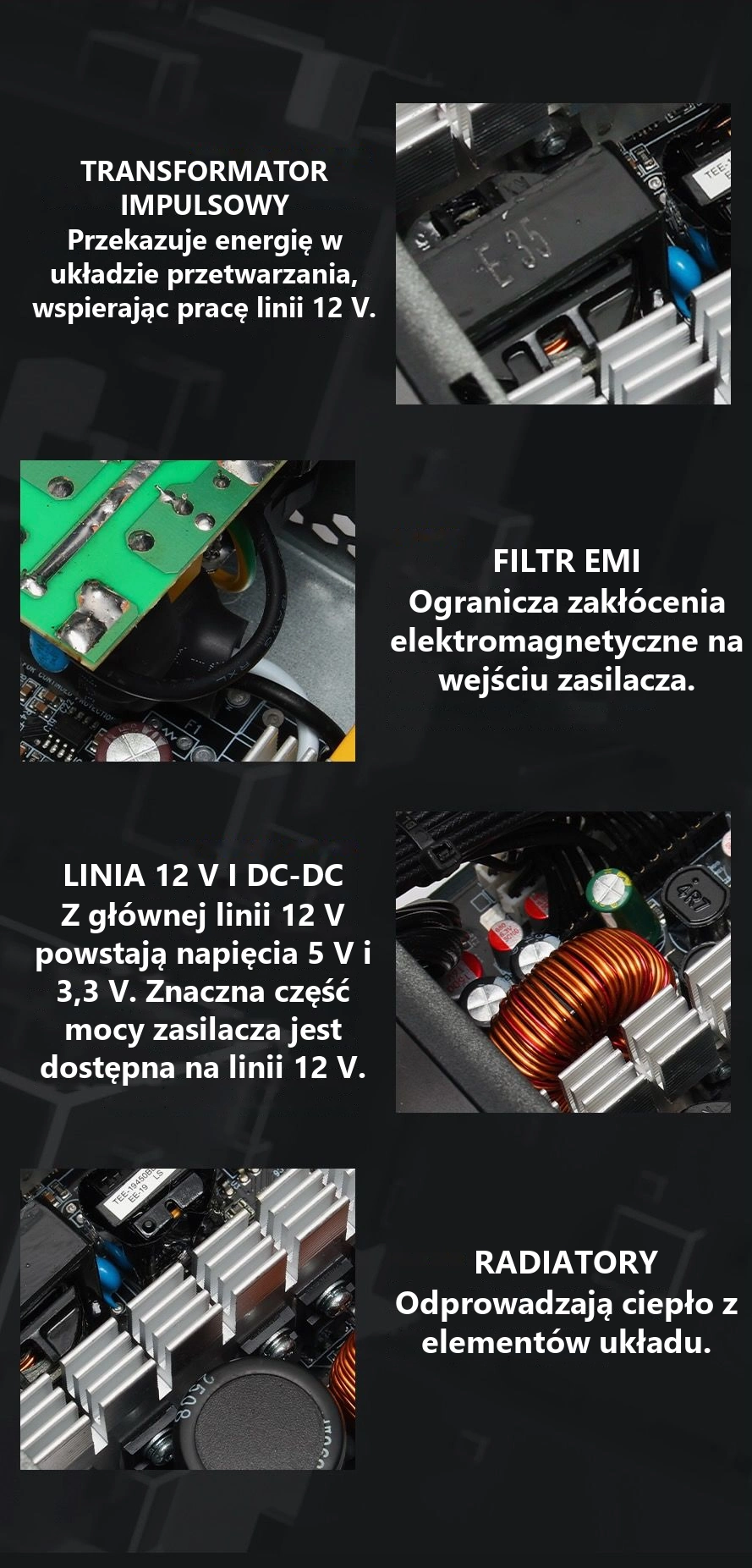 DarkFlash EMT750 Czarny – transformator, filtr emi, przetwornice i radiatory