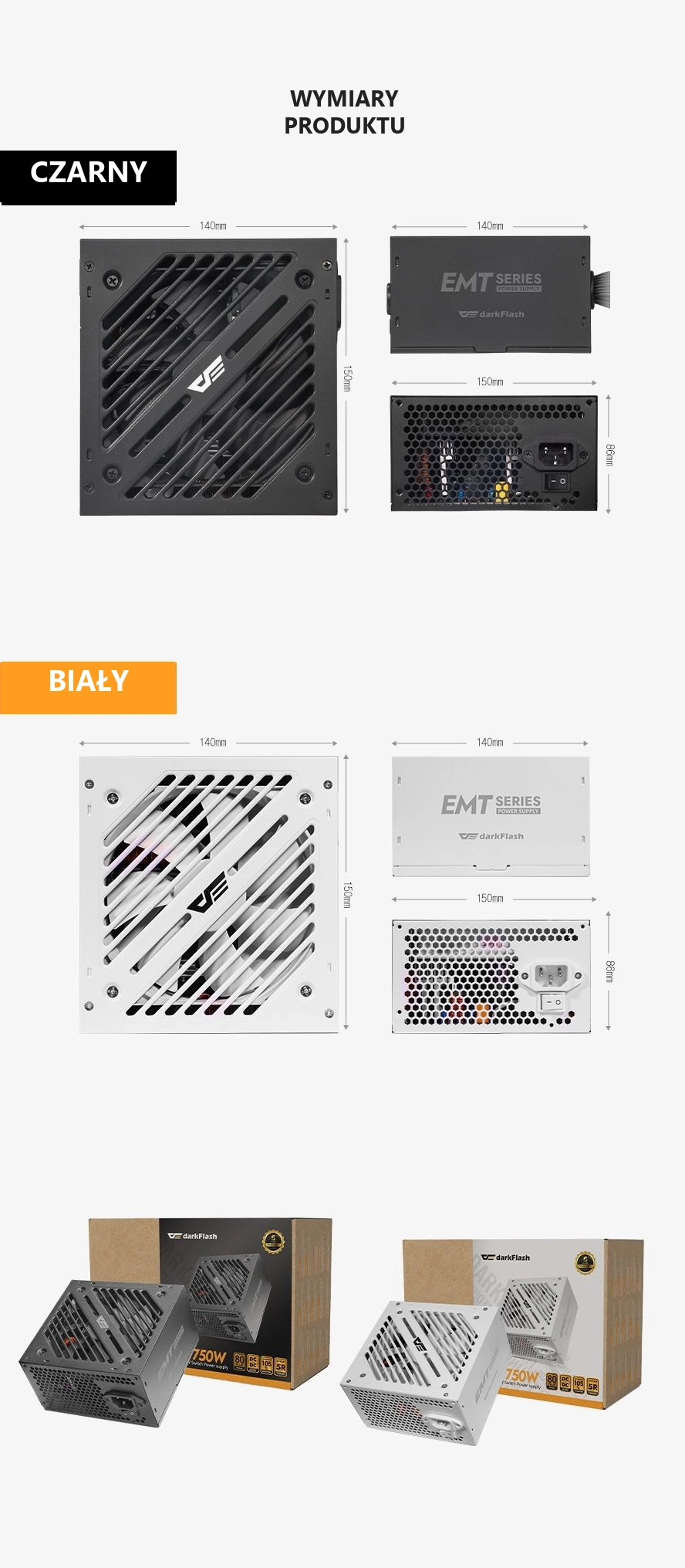 DarkFlash EMT750 Czarny – wymiary i opakowanie