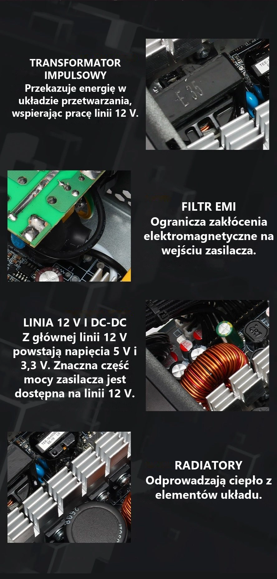 DarkFlash EMT850 Czarny – transformator, filtr emi, przetwornice i radiatory
