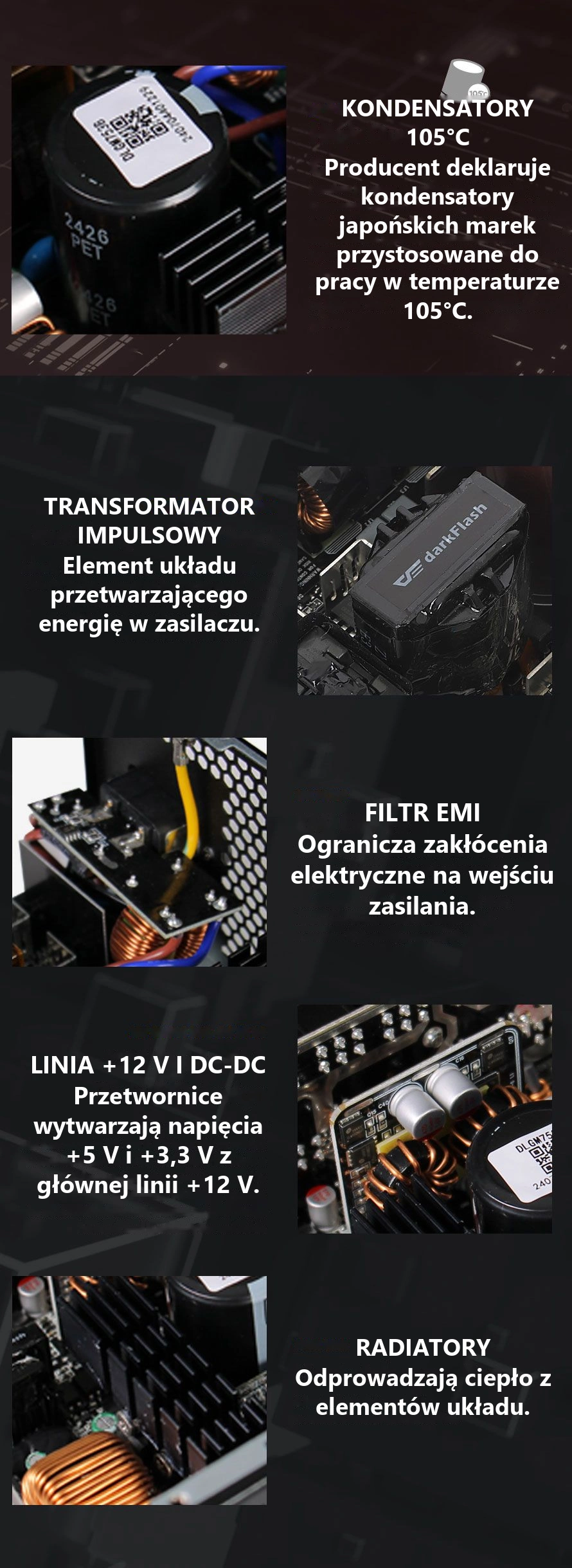 DarkFlash PMT850A3 Czarny – podzespoły układu zasilania