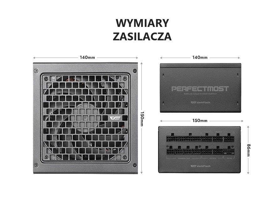 DarkFlash PMT850A3 Czarny – wymiary zasilacza