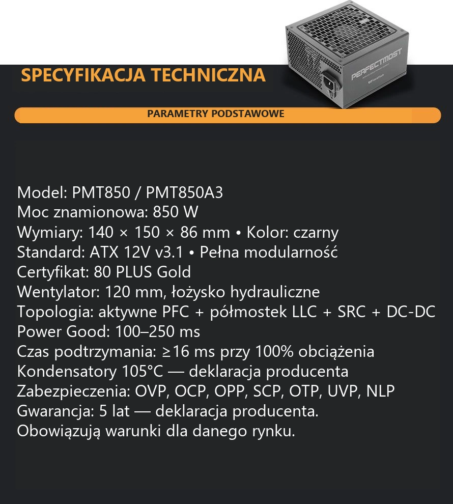 DarkFlash PMT850A3 Czarny – parametry zasilacza