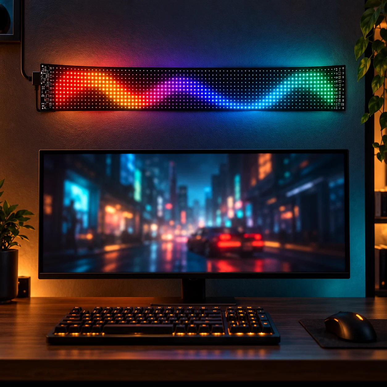Pixel Matrix 16×96 – przykładowa aranżacja stanowiska z kolorową animacją