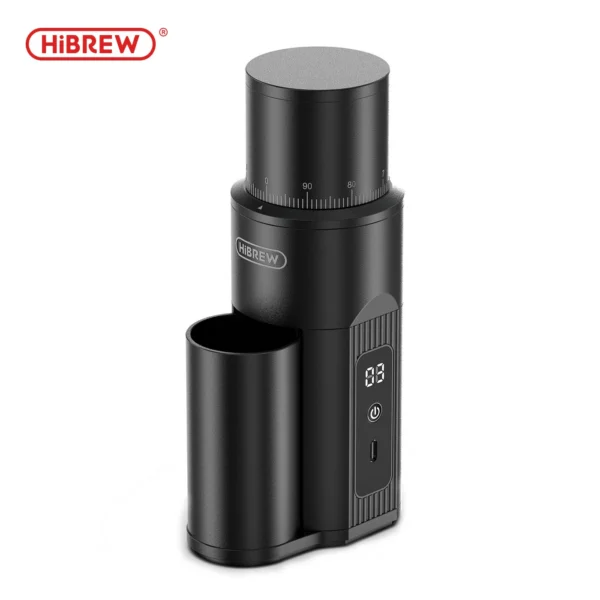 Kompletny czarny młynek HiBREW G5mini z pojemnikiem na kawę, na białym tle