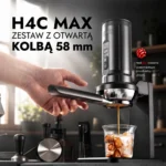 HiBREW H4C Max podczas parzenia espresso i zbliżenie otwartej kolby 58 mm