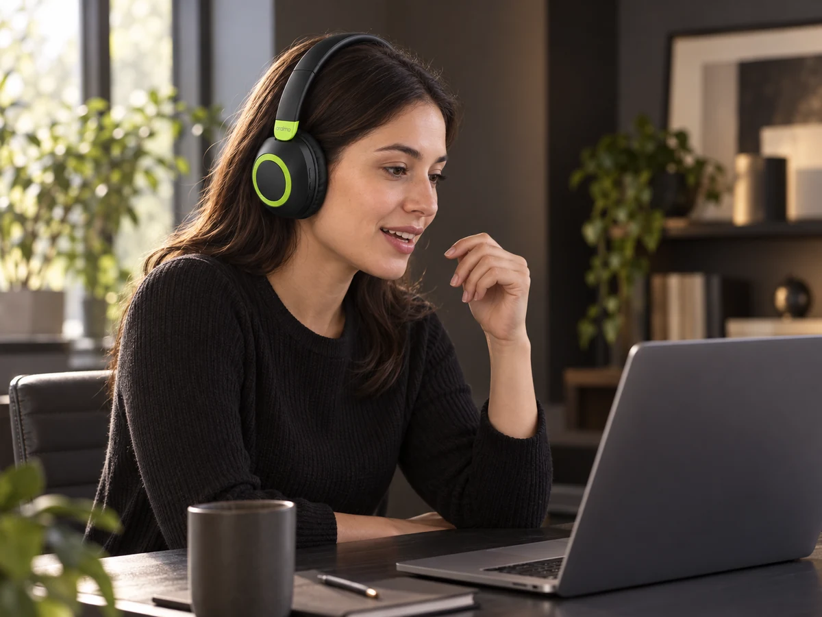 Użytkowniczka BoomPop 2 podczas rozmowy przy laptopie