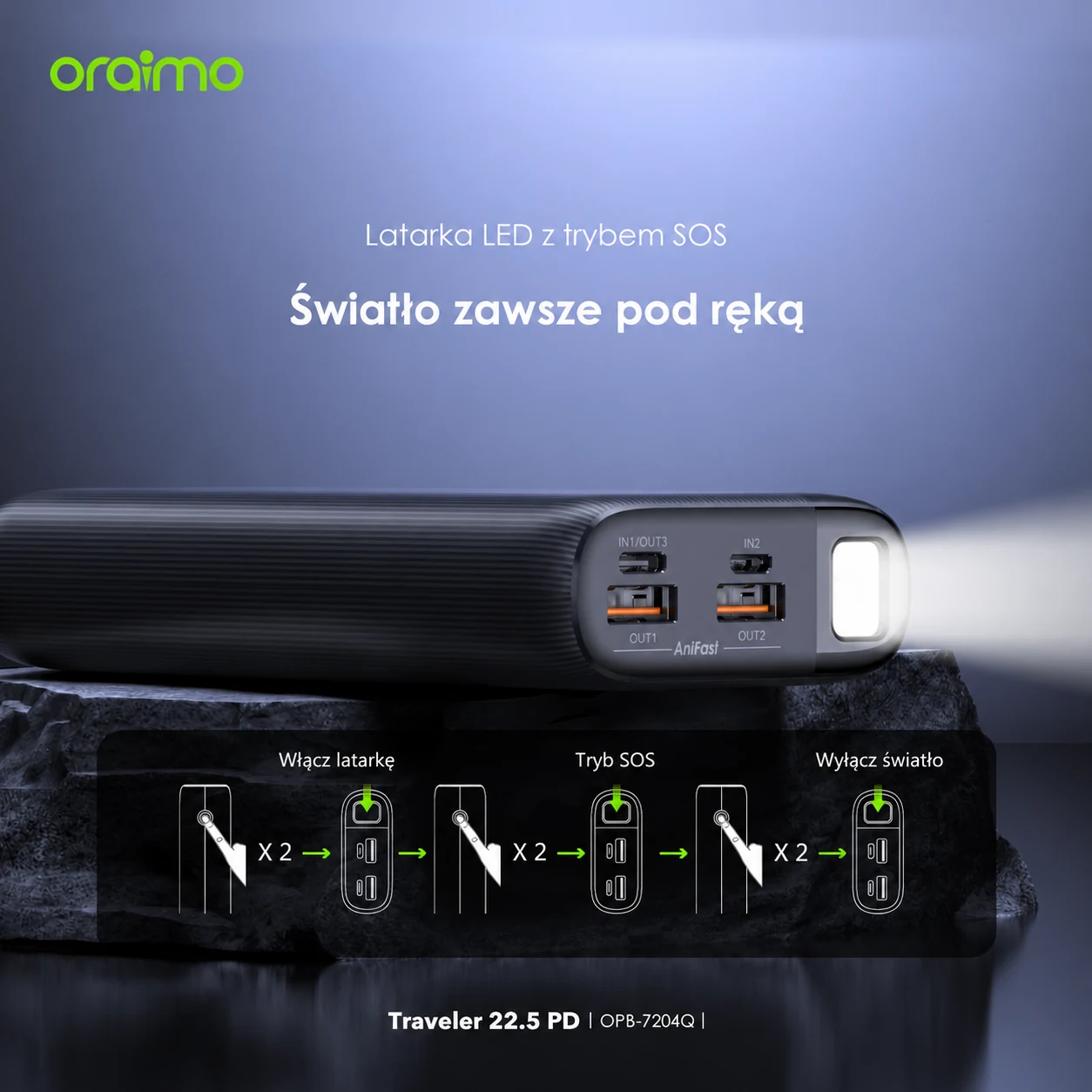 Oraimo Traveler 22.5 PD - obsługa latarki LED i trybu SOS