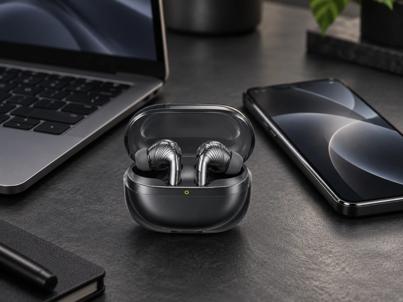 SpaceBuds Pro - słuchawki obok laptopa i telefonu